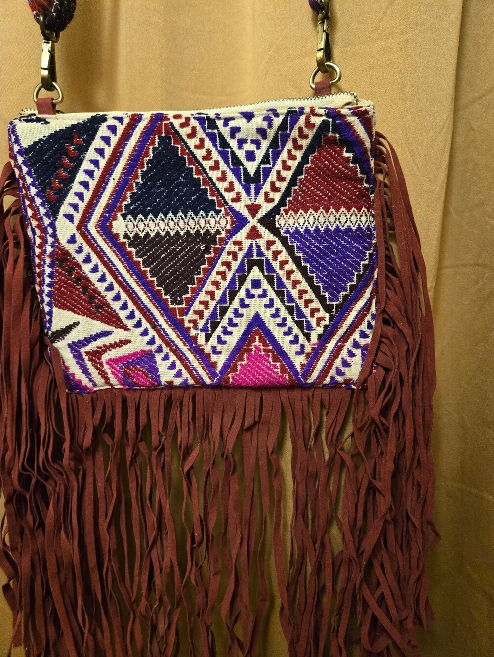 Raj Boho Fringe Crossbody Bag - Multi & Maroon